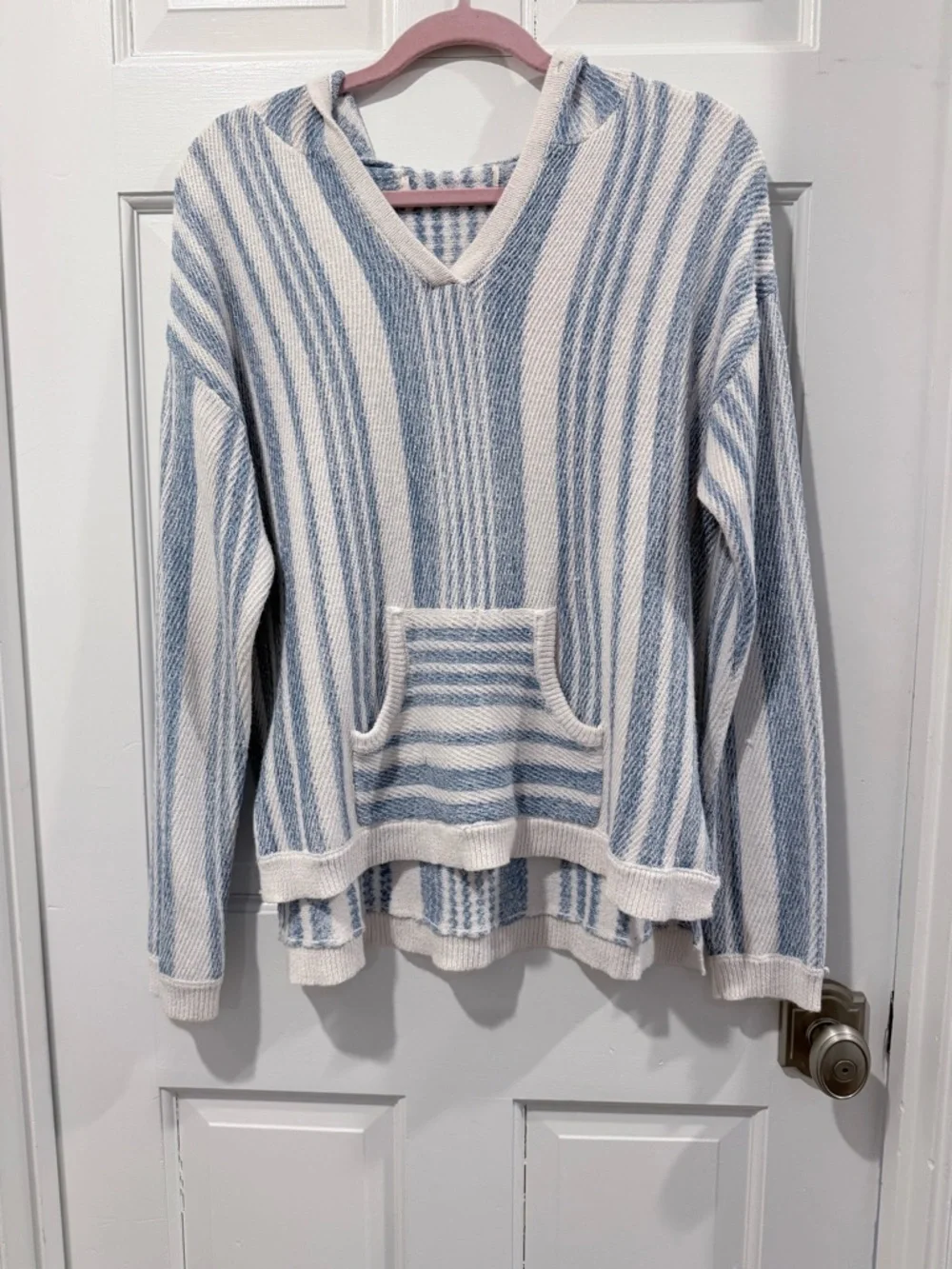 Striped V-Neck Hooded Knit  Poncho - Blue & Cream Size - M - Picture 3 of 5